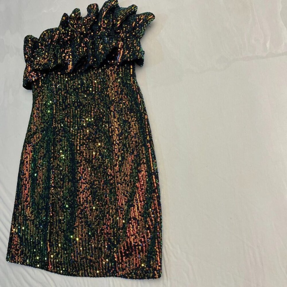 Strapless Multicolor Sequin Ruffle Mini Dress Siz… - image 7